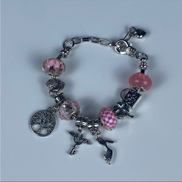 Y2K Silver Charm Bracelet with Pink Beads - Picture 2 of 3